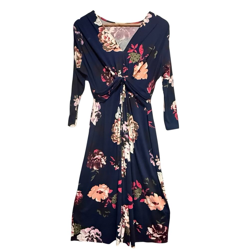 Reborn J Navy Blue Floral Knit Maxi Dress SIZE LARGE L/S Pink Criss Cross Bust